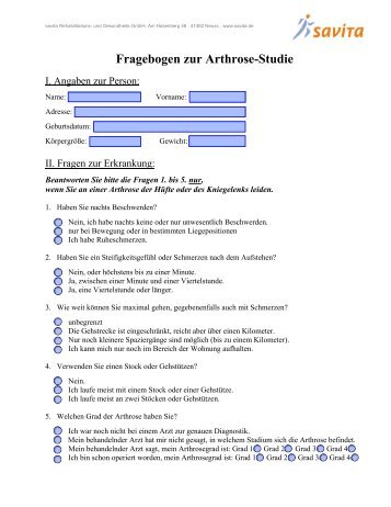 Fragebogen zur Arthrose-Studie - savita GmbH