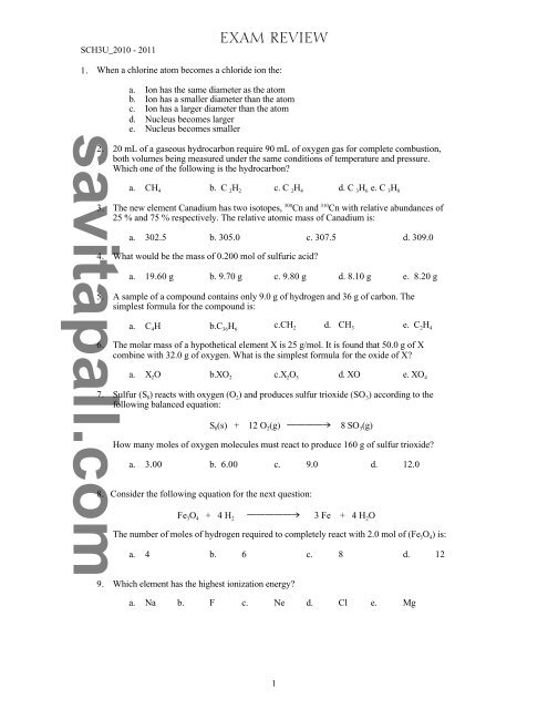 Exam Review Questions-3U-June2011 - Savita Pall and Chemistry