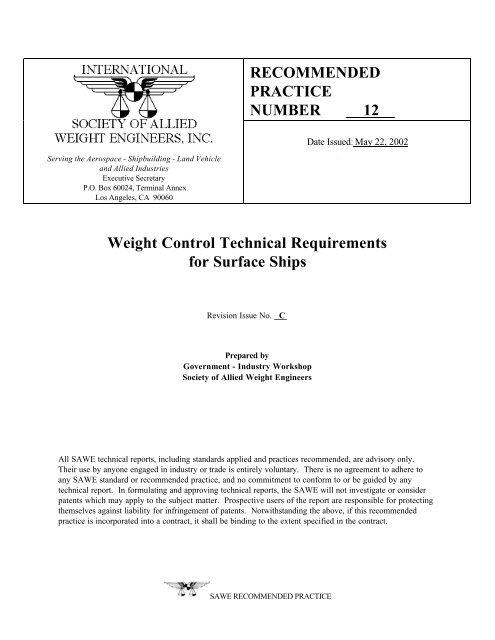Weight Control Technical Requirements for Surface Ships