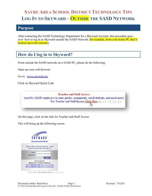 Purpose How do I log in to Skyward? - Sayre Area School District