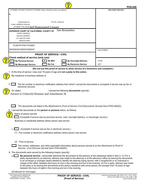 Self Represented Litigant - San Bernardino Superior Court