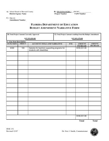 florida department of education budget amendment narrative form