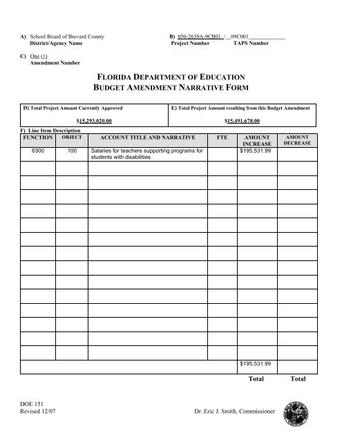 florida department of education budget amendment narrative form