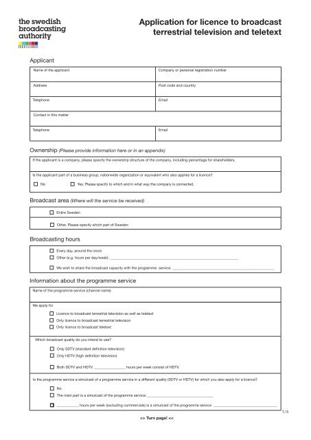 Application for licence to broadcast terrestrial television and teletext