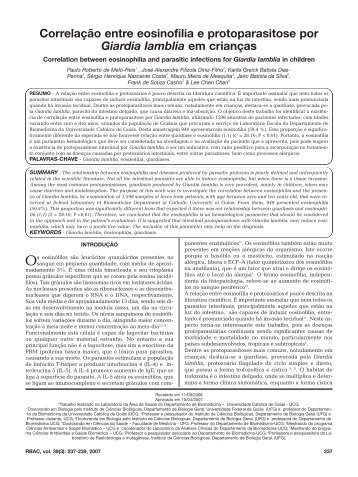 CorrelaÃƒÂ§ÃƒÂ£o entre eosinofilia e protoparasitose por Giardia lamblia ...