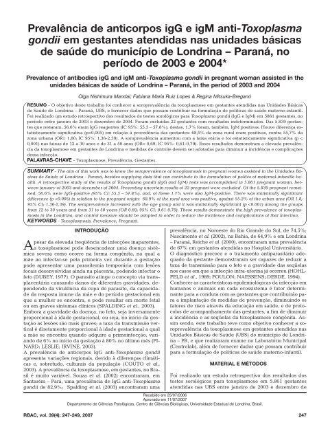 PrevalÃƒÂªncia de anticorpos igG e igM anti-Toxoplasma gondii em ...