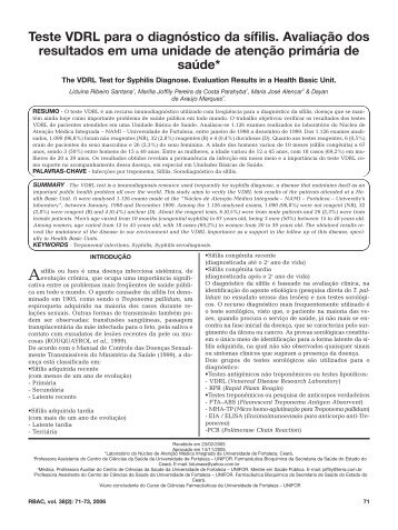 Teste VDRL para o diagnÃƒÂ³stico da sÃƒÂ­filis. AvaliaÃƒÂ§ÃƒÂ£o dos resultados ...