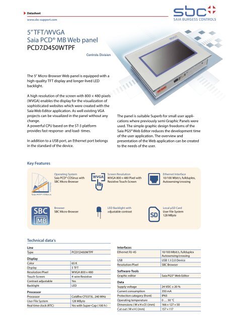 Data Sheet 5Ã¢Â€Â TFT/WVGA Saia MB Web panel Saia ... - SBC-support