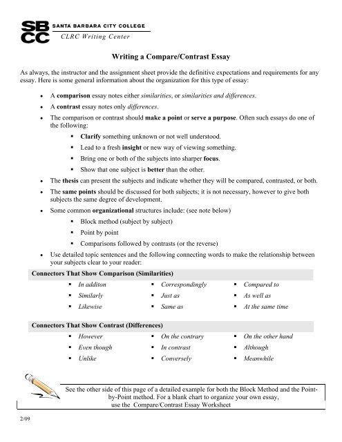 writing workshop compare contrast essay pre test