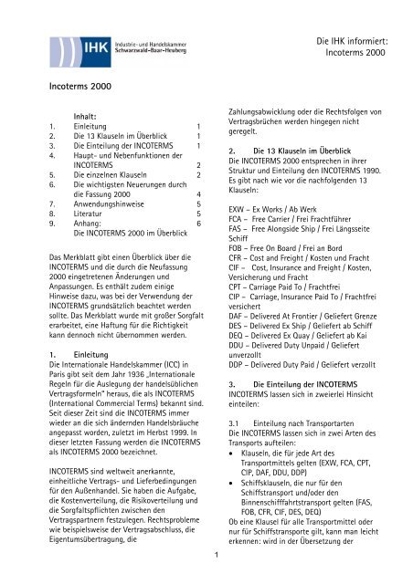 Incoterms 2000 Incoterms 2000 - IHK Schwarzwald-Baar-Heuberg