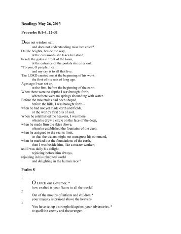 Readings May 26, 2013 Proverbs 8:1-4, 22-31 Psalm 8