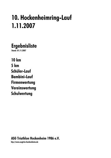 Ergebnisliste 10. Hockenheimring-Lauf 1.11.2007 - Brennr.de