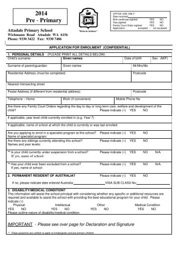 Pre-Primary Enrolment Form - Attadale Primary School