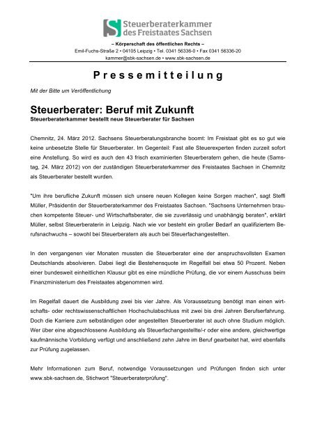 P r e s s e m i t t e i l u n g Steuerberater: Beruf mit Zukunft - Die ...