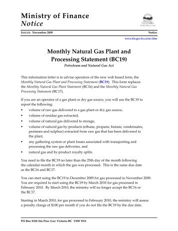 Monthly Natural Gas Plant and Processing Statement (BC19)