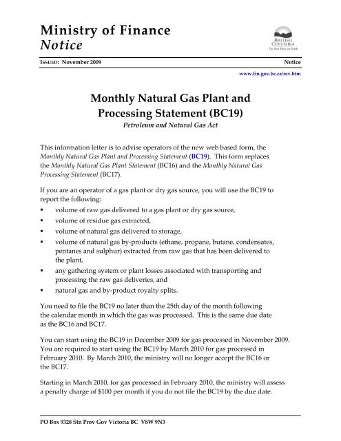 Monthly Natural Gas Plant and Processing Statement (BC19)