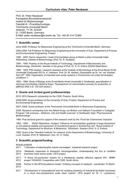 Curriculum vitae: Peter Neubauer - Bioverfahrenstechnik - TU Berlin