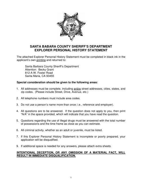 Explorer Personal History Statement - Santa Barbara County ...