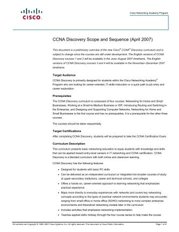 CCNA Discovery Scope and Sequence - Information Technology ...