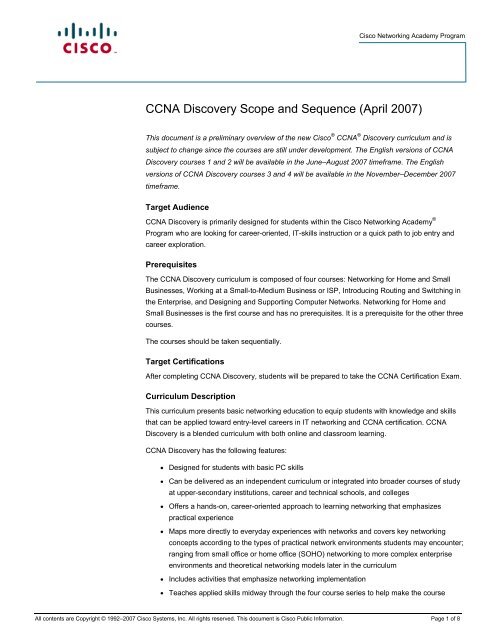 CCNA Discovery Scope and Sequence - Information Technology ...