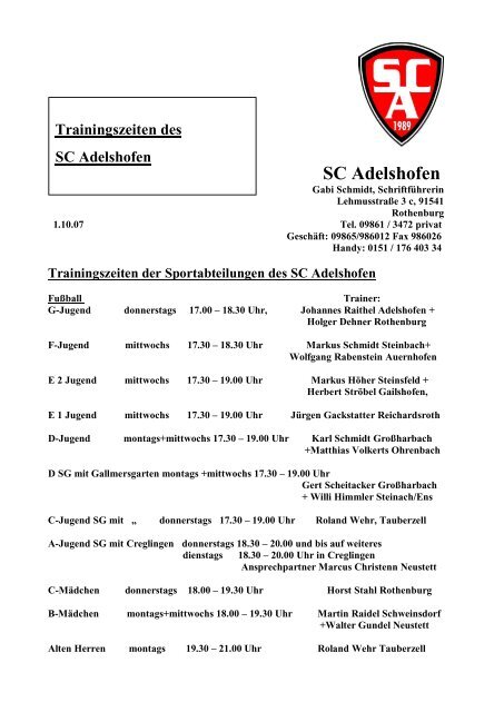 Trainingszeiten der Sportabteilungen des SC Adelshofen