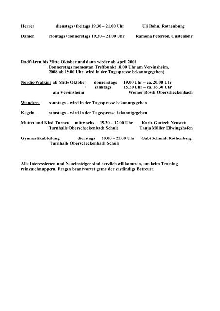 Trainingszeiten der Sportabteilungen des SC Adelshofen