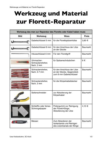 Werkzeug und Material zur Florett-Reparatur - SC Korb eV