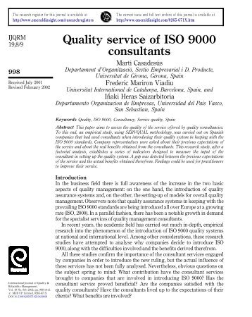 Quality service of ISO 9000 consultants - Universitat de Girona