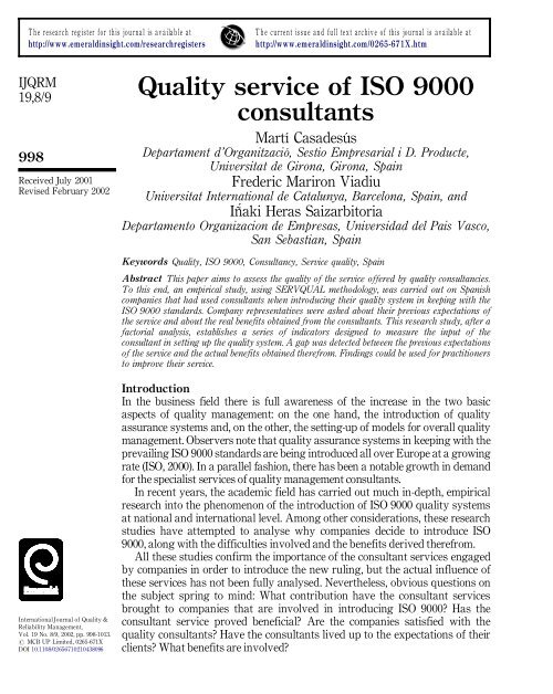 Quality service of ISO 9000 consultants - Universitat de Girona