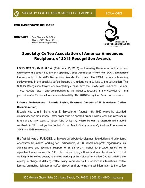 Specialty Coffee Association of America Announces ... - SCAA