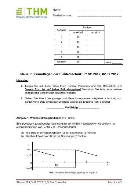 Klausur A A Azgrundlagen Der Elektrotechnik Iiia A Aœ Ss 12 02 07