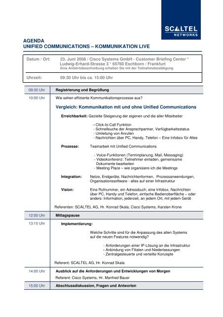 Agenda und Anmeldeformular - Scaltel AG