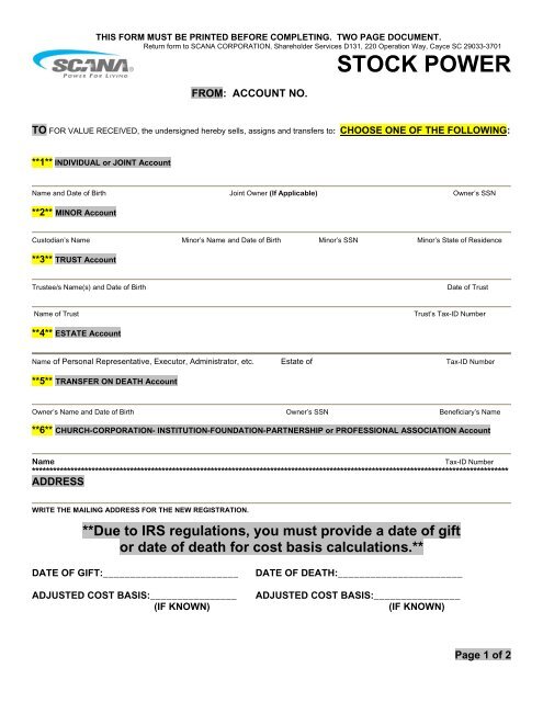 Stock Power (Share Transfer) Form - SCANA Corporation