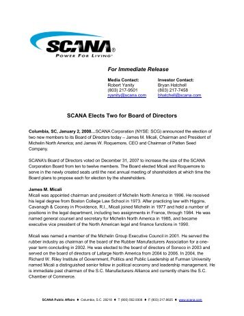 For Immediate Release SCANA Elects Two for Board of Directors