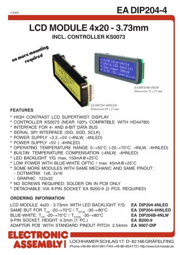 EA DIP204-4 LCD MODULE 4x20 - 3.73mm - Sodimatel Fasteners