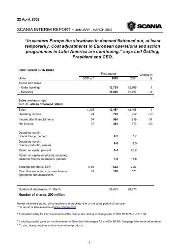 SCANIA INTERIM REPORT Ã¢Â€Â“ JANUARY - MARCH 2002 Ã¢Â€ÂœIn western ...