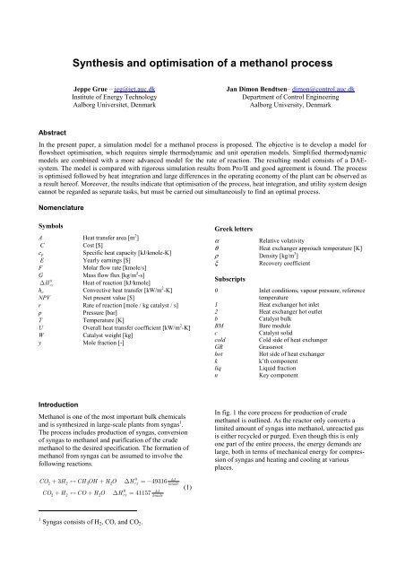 Synthesis and optimisation of a methanol process