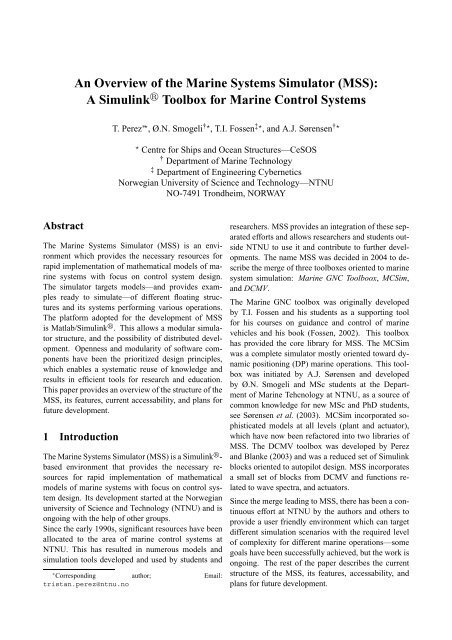 An Overview of the Marine Systems Simulator (MSS): A Simulink ...