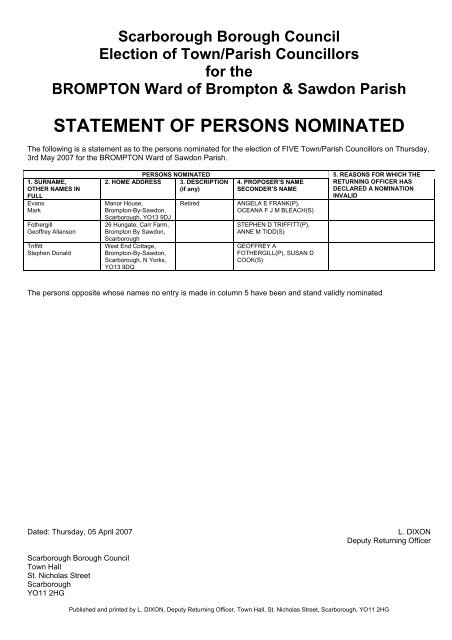 statement of persons nominated - Scarborough Borough Council
