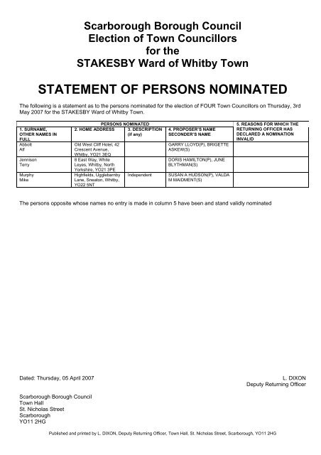 statement of persons nominated - Scarborough Borough Council