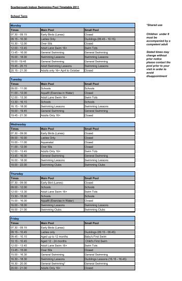 Scarborough Indoor Swimming Pool Timetable 2011 School Term ...