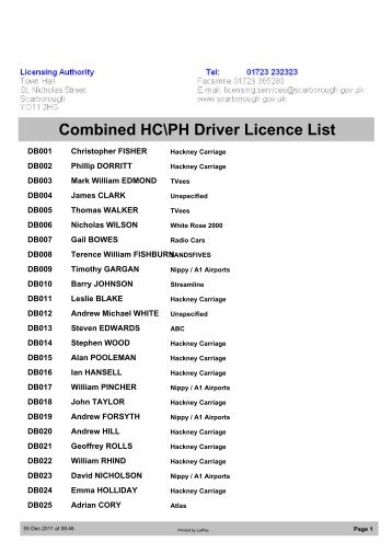 Combined HC\PH Driver Licence List - Scarborough Borough Council