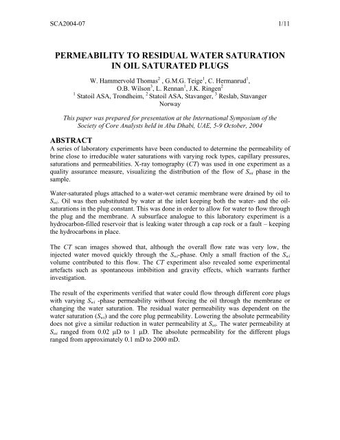 permeability to residual water saturation in oil saturated ... - SCAWeb