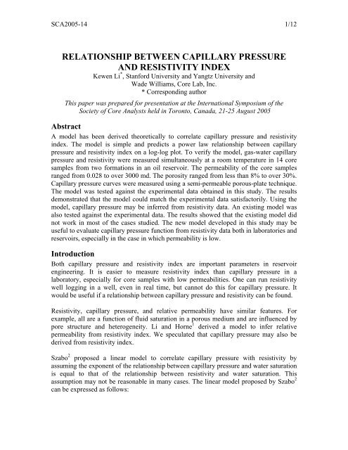 relationship between capillary pressure and resistivity ... - SCAWeb