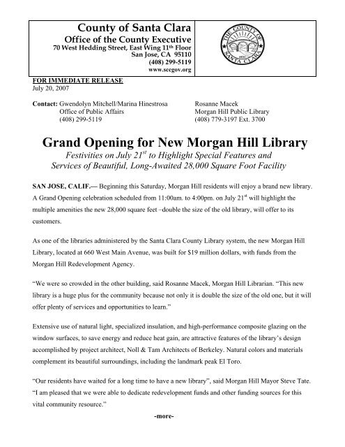 Grand Opening for New Morgan Hill Library - County of Santa Clara