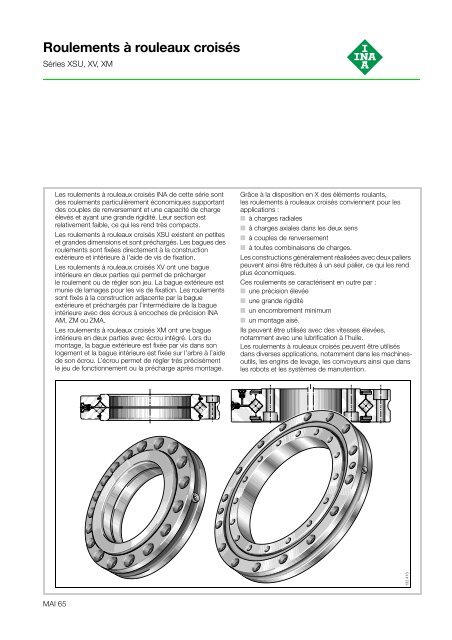 Roulements a rouleaux croises: Series XSU, XV, XM: MAI 65
