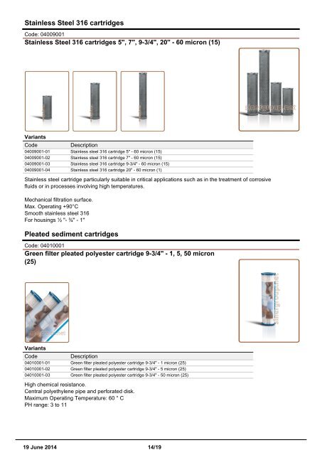 Sinergroup Drop In Housings Cartridges Catalog Wound sediment Melt blown polypropylene Carbon block Granular activated carbon