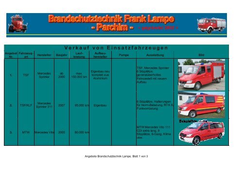 Verkauf von Einsatzfahrzeugen - Brandschutztechnik Lampe