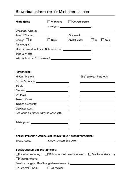 Bewerbungsformular Fãƒâ¼r Mietinteressenten Schibli Treuhand Und