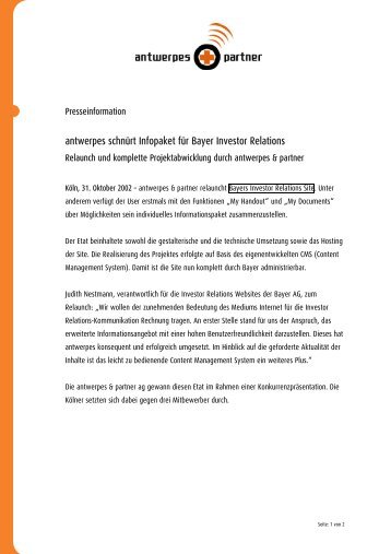antwerpes schnürt Infopaket für Bayer Investor ... - DocCheck AG